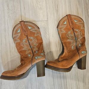 Brown Western-Style Women's Boots - teal and brown- size 8